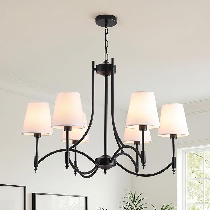 Black Farmhouse Chandelier for Dining Room， 6-Lights with White Fabric Shade Dining Room Light Fixtures，Rustic Industrial Chandelier for Living Room Kitchen Island Foyer
