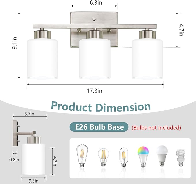 Brushed Nickel Bathroom Light Fixtures Vanity Lighting Over Mirror | 3-Light Modern Wall Sconces with Milky White Frosted Glass Shades for Restroom (E26 Socket)
