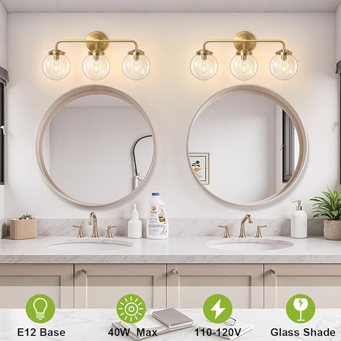 Gold Bathroom Vanity Light Fixtures Over Mirror, Modern Brass 3 Lights Wall Sconce Lighting with Transparent Glass Ball Shade, Mid Century Farmhouse Vanity Lights