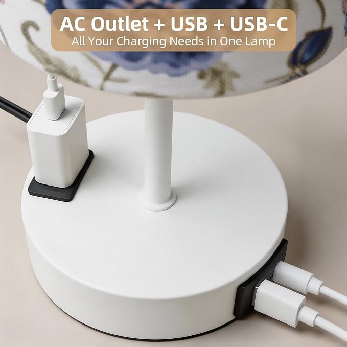 Table Lamp for Nightstand, High-Sensitivity Touch, 3-Level Dimmable Bedside Lamp with AC Outlet | USB | and USB-C, Ideal Night Stand Lamp for Bedroom (1, Printed&White)