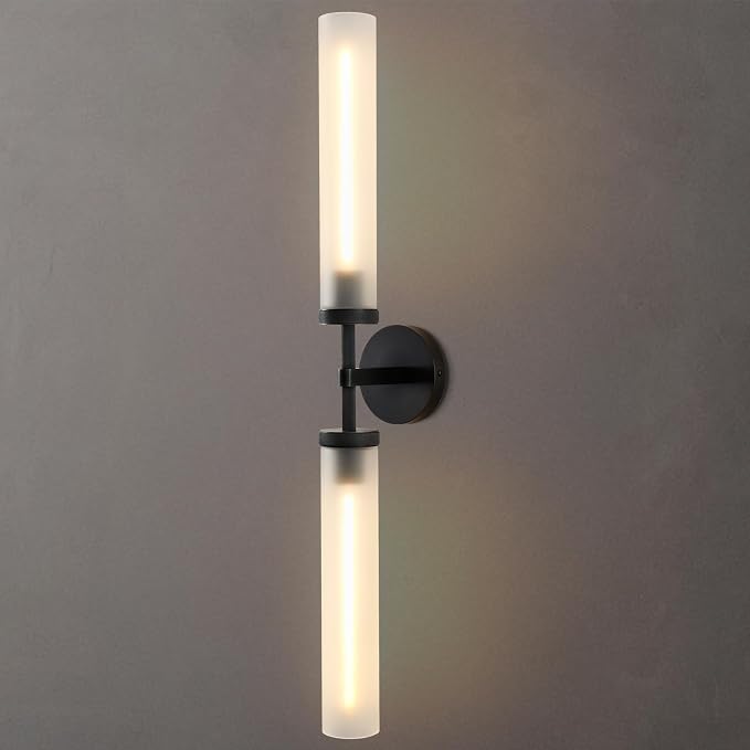 30" 2 Lights Hardwired Frosted Glass Bathroom Wall Sconces, Handmade Knurled Black Wall Light Fixture,Modern Vanity Light for Living Room,Hallway, Bedroom, Indoor Wall Lamp, Bulb Included