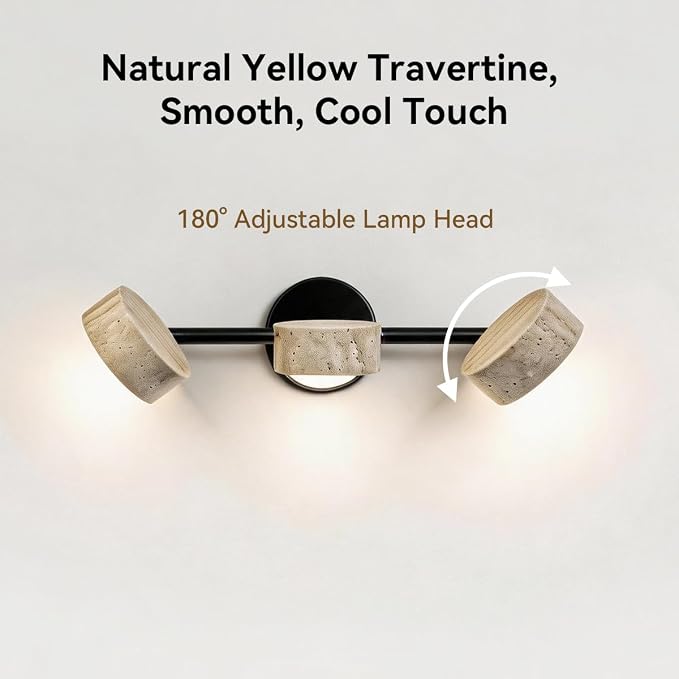 Led Bathroom Lighting Fixtures Over Mirror with 3 Travertine Shades,Vanity Lights Wall Lamp, 180° Rotatable Stone Lampshades Bathroom Lights, Modern Farmhouse Stone Sconces Black