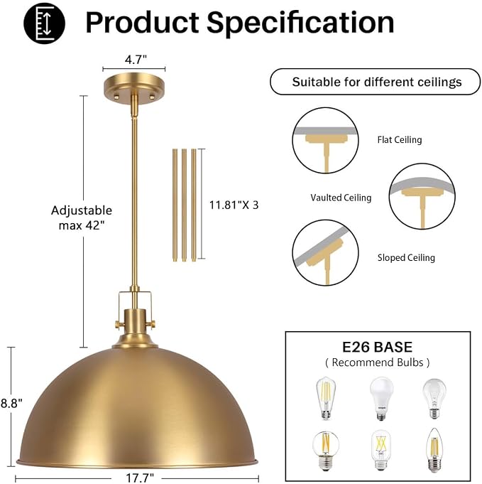 LamQee 18 Inch Brushed Gold Large Pendant Light Kitchen Island, Farmhouse Modern Dome Pendant Light Fixtures Ceiling Hanging Lighting Chandelier for Dining Room Over Table, Bar, Hallway, Entryway
