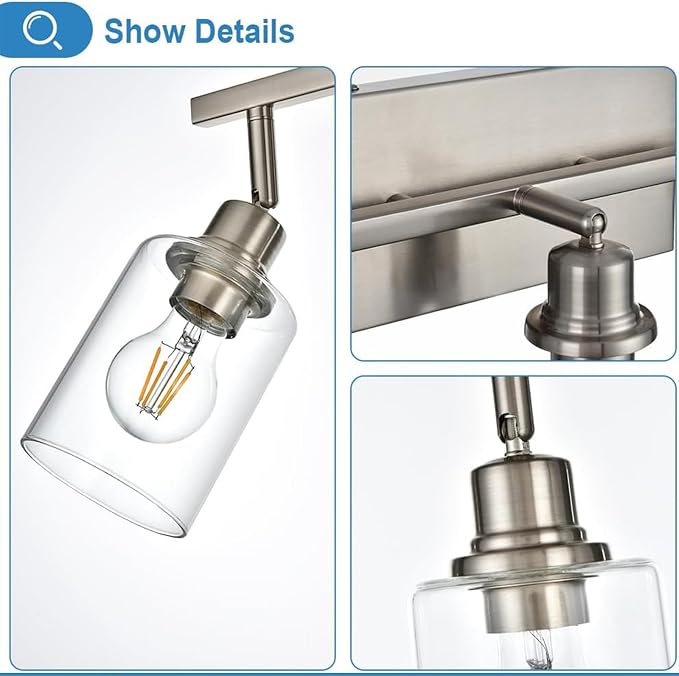 6 Light Track Lighting Fixture Brushed Nickel Track Lighting Kit | Ceiling Wall Mount Rotatable Spotlights with Clear Glass Shades, for Kitchen Island, Bathroom, Hallway, Shop