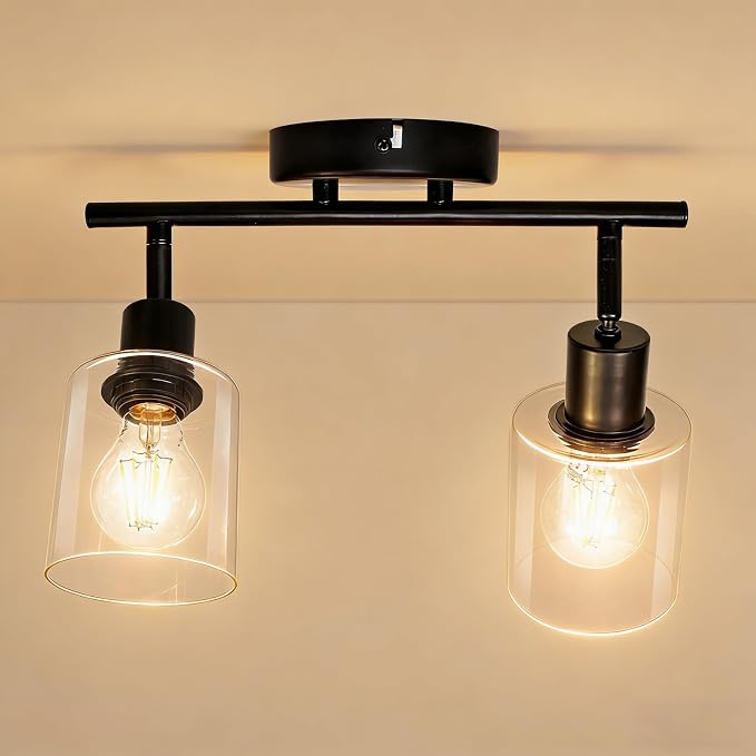 HiBay 2-Light Track Lighting Fixture Black, Glass Ceiling Wall Spotlight | Rotatable 2 Heads with Glass Shades, Modern Farmhouse Industrial, for Bedroom, Kitchen Sink, Loft, E26 Base