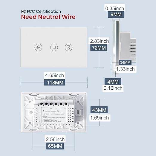 Smart Roller Shutter Switch Single Gang 2.4GHz Wi-Fi Touch Switch, Neutral Wire Required,Work with Smart Life/Tuya App and Alexa,Tempered Glass Panel,White