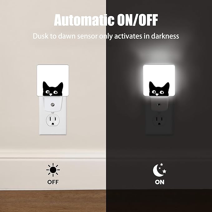 Black Cat Cute Dusk to Dawn Night Light, Auto Sensor Lamp Home Indoor Stairway Kitchen Corridor, Night Lights Plug into Wall Decor, Boys Girls Women Men Room Gifts