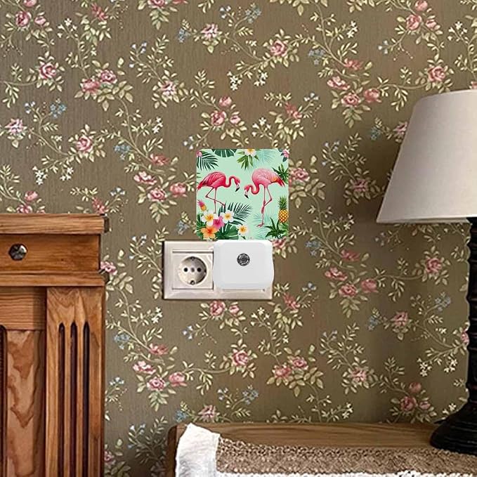 Pink Flamingos Night Light Tropical Flowers and Palm Leaves 0.5W Night Lights Auto LED Lamp Energy Saving Square Lights for Room Bedroom Bathroom