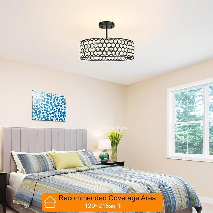 Lxybcce Black Crystal Ceiling Light Fixture - Modern Semi Flush Mount Ceiling Chandelier Lighting for Kitchen, Dazzling Prism Chandelier for Bedroom, Bathroom, Dining Room, 5 Light, 16 in