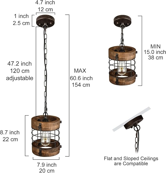 Retro Industrial Metal and Wood Farmhouse Chandeliers, 1-Light Round Cage Pendant Light Fixtures for Farmhouse Kitchen Island Foyer Hallway Bar Dining Room Restaurant, Brown, 2 Pack