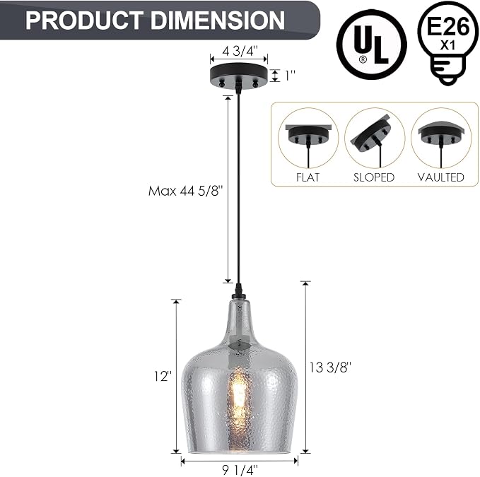 10” Large Hammered Glass Pendant Light Modern Smoky Black Dome Pendant Lighting Fixtures for Kitchen Island Dining Room Hallway, UL Listed