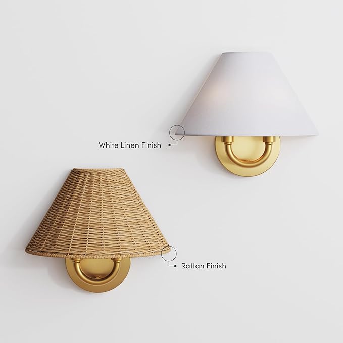 Nathan James Shoal Modern Wall Light Fixture with White Linen Lamp Shade and Vintaged Brass Metal Base for Bedroom or Living Room
