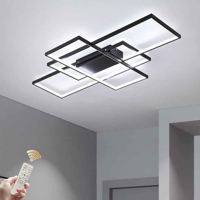 GEADI Modern 41.3in 3-Square LED Ceiling Light, 68W Black Flush Mount | Dimmable Rectangular Ceiling Lamp with Remote Control, 3000K-6000K, 5440 Lumens for Living Room, Dining Room and Kitchen