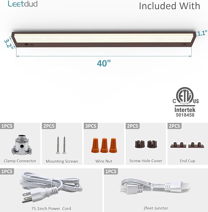 Under Cabinet Lighting Plug in or Hardwired Built-in Dimmer, 40 Inch 20W, 5CCT 2700/3000/3500/4000/5000K, Linkable Counter Lights for Kitchen, ETL Dimmable LED Light Fixture, Bronze