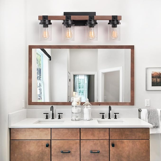 4-Light Farmhouse Vanity Lights Bathroom Lighting Fixtures Over Mirror | Faux Wood Rustic Wall Mount Light with Clear Seeded Glass Shade,Industrial Black Metal Wall Sconces for Bathroom Living Room