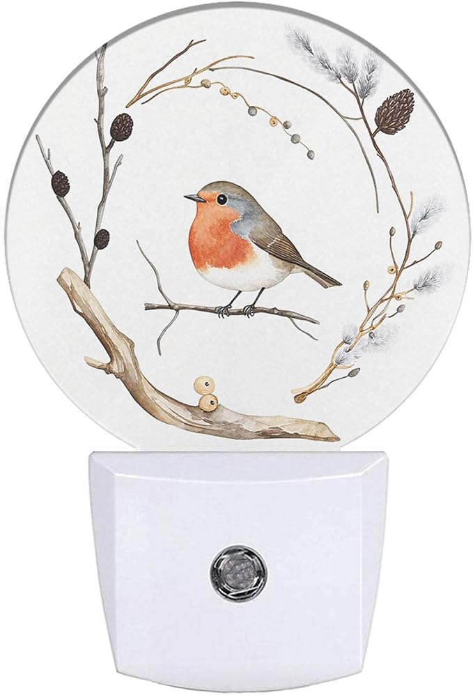Cute Bird Plug-in Nightlight Robin Bird Nest on Tree Branch Farmhouse Night Lights Plug into Wall with Dusk to Dawn Sensor for Home Bedroom Bathroom, 0.5W Sleep Friendly