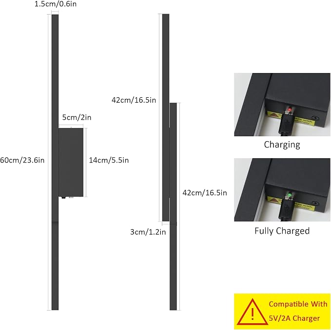 Aipsun Black Wall Sconces Set of Two Battery Operated Wall Sconces 3000K-6000K Dimmable LED Wireless Wall Lights for Living Room,Bedroom,10,000mAh,23.6Inch (2 Pack)
