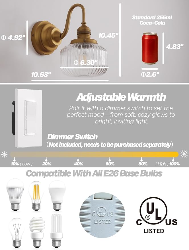 Brass Gold Wall Sconce Vintage Bathroom Vanity Light | Bathroom Sconce,Hardwired Indoor,Aged Brass Finish,Hand-Blown Clear Glass,for Bathroom Mirror Kitchen,E26 Socket