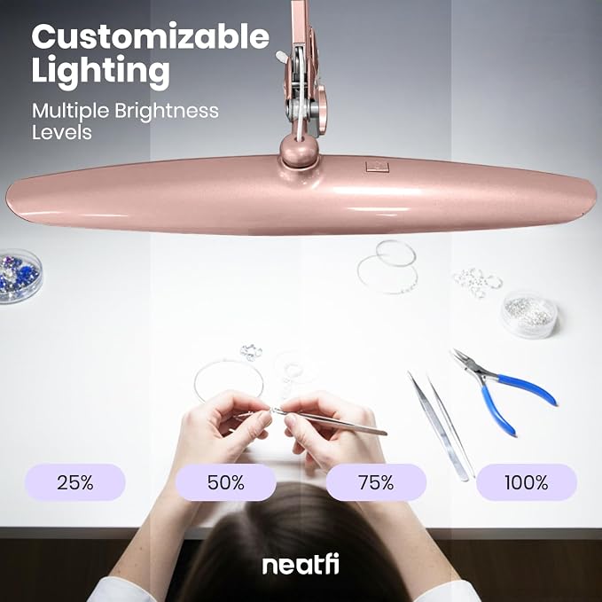 Neatfi XL 2200 Lumens 24W LED Desk Lamp – Shadow-Free Task Lighting | 4-Level Dimming | Home Office & Crafts Use | 20-Inch Wide Head (Rose Gold, Non-CCT with Clamp)