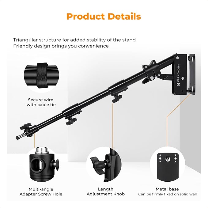 K&F CONCEPT Wall Mount Boom Arm 39.4"- Rotating Triangle Stand for Ring Light, Softbox, Reflector - Support 180°Flexible Rotation, 20-39in Adjustable Length, 20lbs Heavy Duty with 1/4''&3/8'' Mount