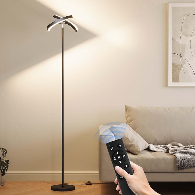 SUNMORY Floor Lamp for Living Room, 28W Bright LED Lamp with Remote Control | 1600lm Dimmable Rotatable Standing Light, 74" Tall Modern Reading Torchiere Uplighter for Bedroom Office Corner, Black
