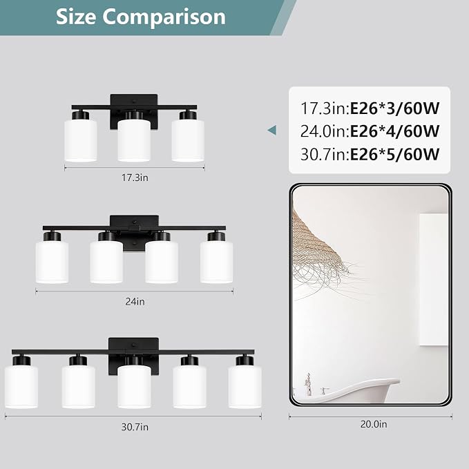 Black Bathroom Light Fixtures Vanity Lighting Over Mirror | 4-Light Modern Wall Sconces with Milky White Frosted Glass Shades for Restroom (E26 Socket)
