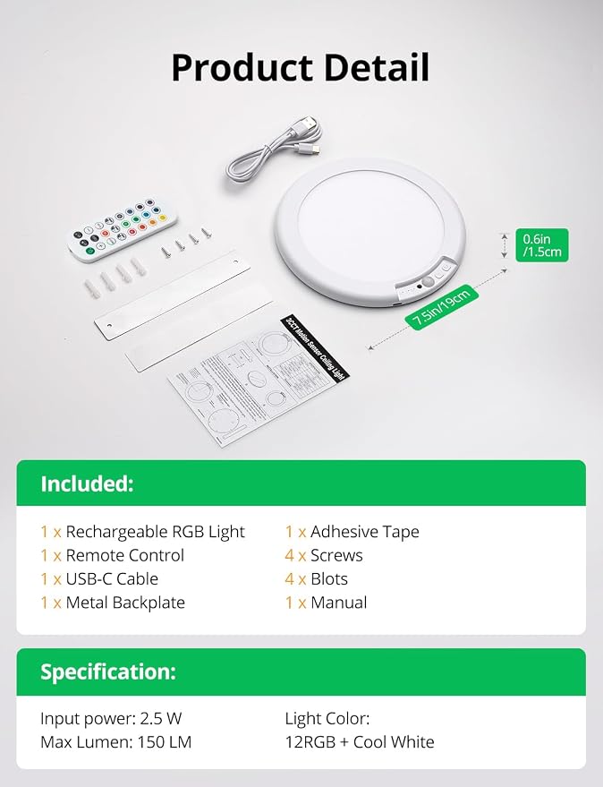 Bojim RGB Rechargeable Waterproof Shower Ceiling Light for Bathroom Inside | 12 Color Changing Motion Sensor Wireless LED Mood Battery Operated Wall Lights with Remote for Bedroom Party