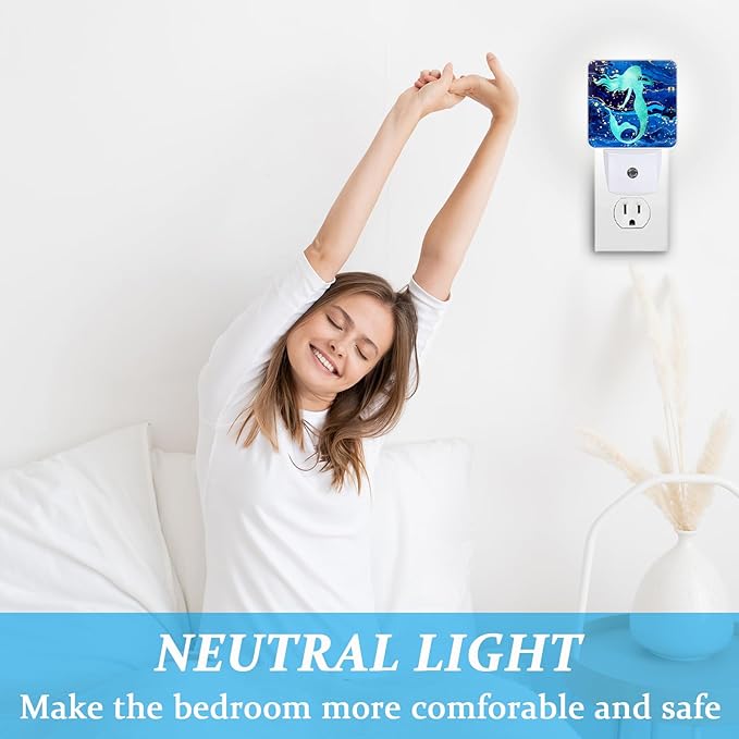 Summer Mermaid Fish Night Light, Plug-into Wall Blue Sea Marble Nightlight Lamp with Dusk to Dawn Sensor, Led Lamp 0.5W Energy Efficient for Boys Girls Adults Home Decor