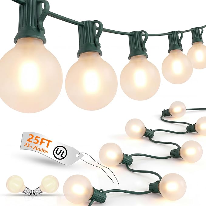 25Ft Outdoor Christmas Lights, Dimmable G40 LED Patio String Lights with 27 Frosted White Globe Bulbs, Green Wire Outdoor Christmas Decorations Lights Waterproof for Wedding Party Porch Backyard