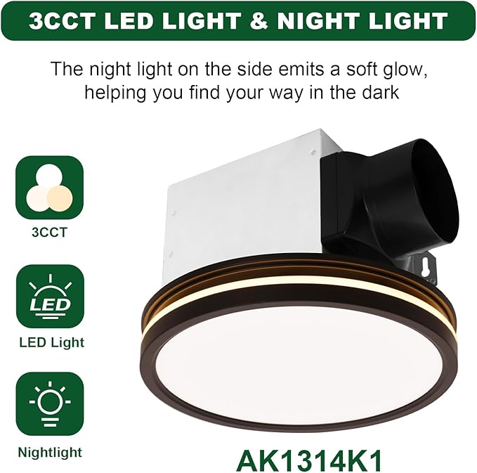 Akicon Bathroom Exhaust Fan with Light, 80 CFM 2.0 Sones Bathroom Fans for Ceiling, 3CCT 15W Dimmable LED Light and 3.5W Nightlight Vent Fan Combo for Home, Round, Black