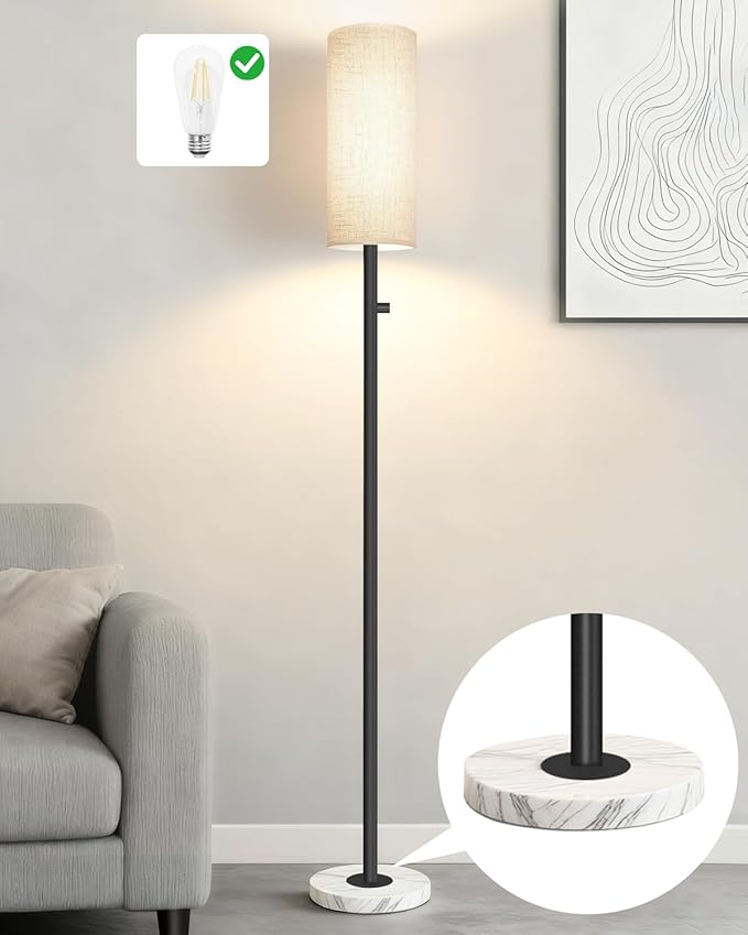 Black Floor Lamp for Living Room, Dimmable Floor Lamp with LED Bulb,Modern Standing Lamp with Marble Base,Tall Floor Lamps for Bedroom Reading Office Corner Nursery