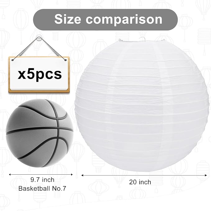 5pcs White Paper Lanterns Party Decorations, 20in Large Chinese Round Paper Hanging Decorations Lanterns Jumbo Lamps for Home, Parties, and Weddings