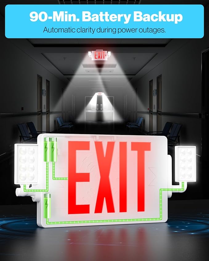 Sunco Exit Signs With Emergency Lights, Two Adjustable LED Lights With Backup Battery, Red, 94V-0 Fire Resistant, 120-277V, Wall Or Ceiling Mount, Commercial Grade UL.