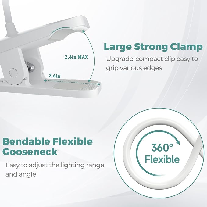 CUHIOY 2Pack Rechargeable Clip on Reading Light for Bed Headboard, White | 5 Colors 5 Brightness Bed Light, Battery Flexible Arm Table Lamp with Clamp, Flicker-Free LED Book Light at Night, Crafting