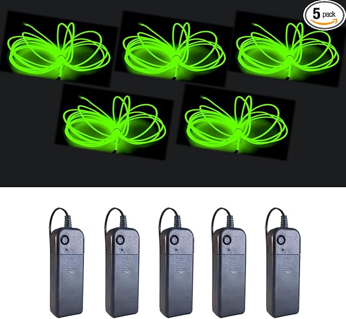MaxLax EL Wire Fluorescent Green 5-Pack, 9ft/2.75m Neon Light Wire with Noise Reduction and Battery Pack…