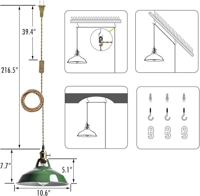 YUBOLE Modern Green Plug-in Pendant Light Macaron Kitchen Hanging Swag Lamp | 10.06"W Metal Barn Shade with On-Off Switch Plug Cord Light for Bedroom Foyer Dining Bar Loft Restaurants