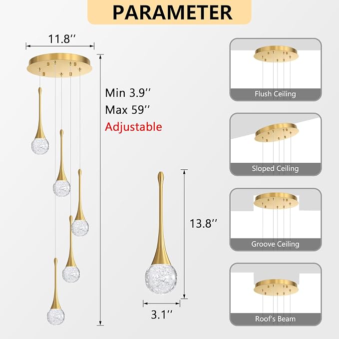 cenzoz 5-Lights Modern Pendant Lights for Kitchen Island LED Dimmable Chandelier Crystal Glam Ceiling Pendant Lighting for Dining Room Hallway Bedroom Lamp Antique Gold