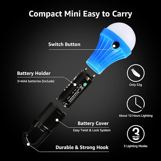 Lepro Portable LED Camping Lantern, Camping Essentials with 3 Lighting Modes, Hanging Tent Light Bulbs with Clip Hook for Camping, Hiking, Hurricane, Power Outages, Batteries Included, 6 Packs