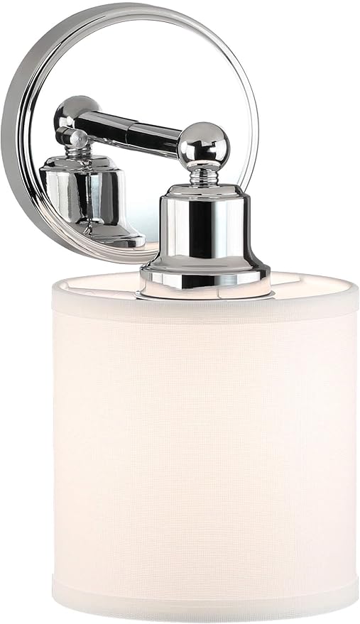 XiNBEi Lighting Chrome Bathroom Wall Sconce 1 Light with Drum Fabric Shade | Modern Single Vanity Light Fixture Next to Mirror, Wall Light For Bath Bedroom Living Room Kitchen Hallway Foyer