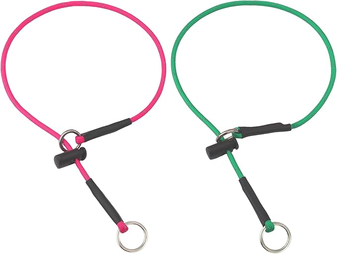 18" Dog Slip Collar – 5/32" Paracord Rope Dog Collar with Spring-Loaded Stopper & Stainless Steel O-Ring, Reflective for Low-Light Visibility (Hot Pink & Green)