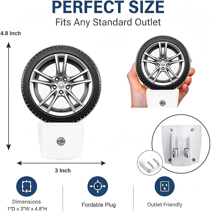 Night Lights Plug into Wall Wheel Night Light Energy Saving LED | Car Wheel Black Tyre Cool Plug in Night Lights for Wall Socket with Dusk-to-Dawn Sensor for Bedroom, Bathroom and Living Room