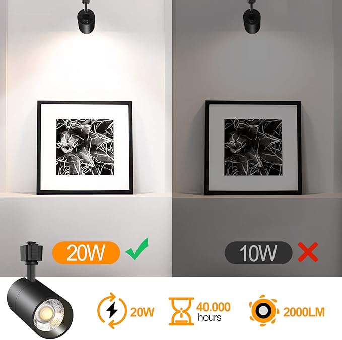 VANoopee 3-Color 20W J Type Track Lighting Heads Dimmable Bright LED Track Lighting Fixtures for Accent Task Retail Kitchen Ceiling Track Light 3000K 4000K 5000K - Flicker Free CRI90+ 36° 2000lm Black