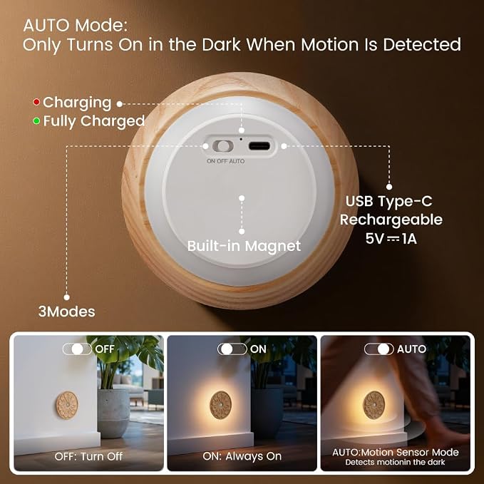 Flower Motion Sensor Night Light, Rechargeable Wooden Lamp | Ash Wood, 3000K Warm White, Backlight Glow, Rechargeable Battery, Magnetic Mount, Sensor Flower Light for Hallway, Bedroom