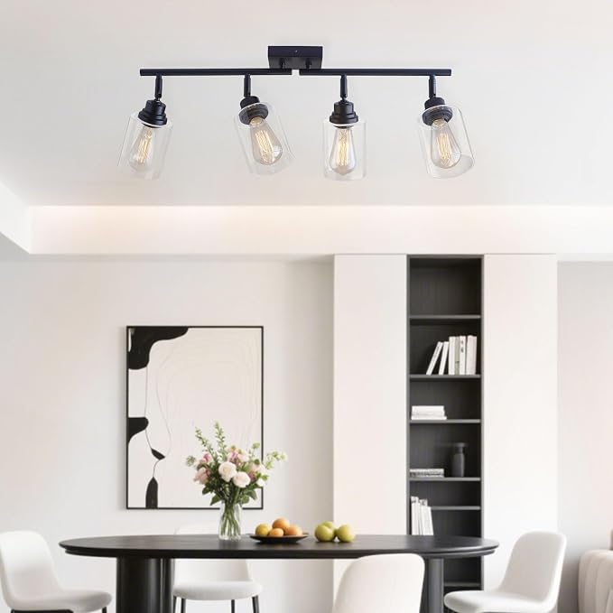 4-Light Black Ceiling Track Lighting E26 Clear Glass Light Fixture | Black metal 4 adjustable heads, clear glass semi flush mount E26 track light for kitchen, bathroom, living room