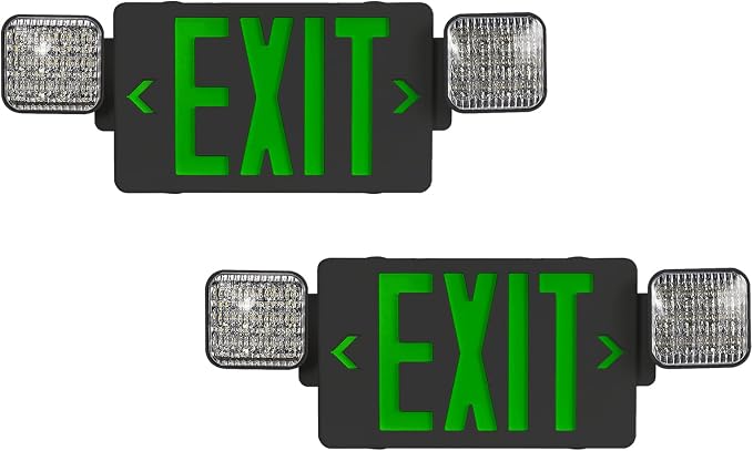 Black Green LED Exit Sign Emergency Light Combo, UL Listed Battery Backup | UL-listed commercial fire exit sign features 90-min battery backup, 360° rotating dual heads, and easy dual-mount setup.