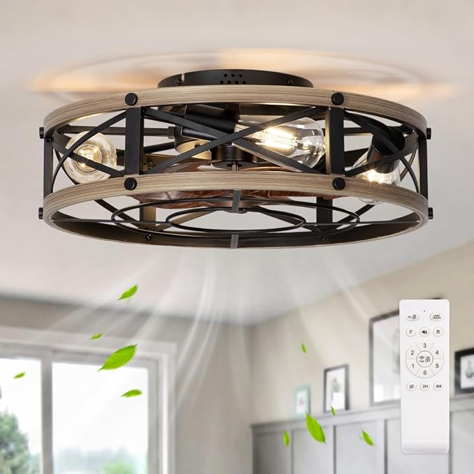 SHLUCE 19" Farmhouse Caged Flush Mount Ceiling Fan with Light, Rustic Fandelier Bladeless Ceiling Fans with Lights and Remote, Small Low Profile Ceiling Fan with Light for Kitchen, Bedroom - ETL