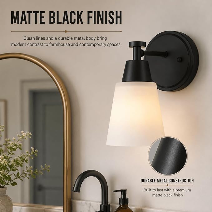 Wall Light Fixtures 2 Pack, Matte Black Vanity Lights with Milk Glass Shades, Modern Farmhouse Wall Sconces for Gallery, Mirror, Bedroom, and Bathroom