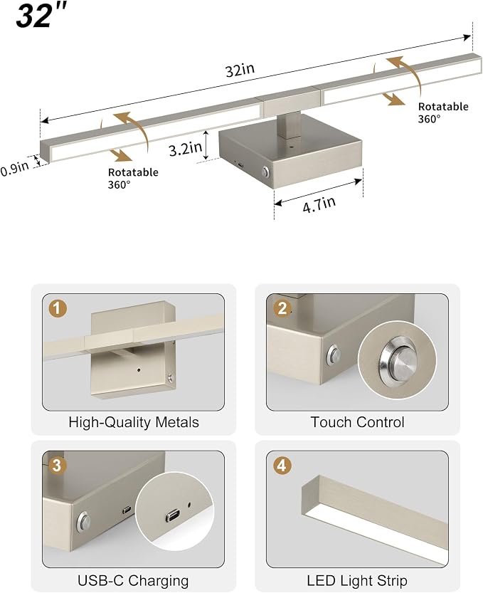 Rayogale Nickel Battery Operated Wall Sconce with Remote Control 32 Inch | 3000/4500/6000K Dimmable 8000mAh Wireless Rechargeable Wall Sconces Set of Two with Timer for Living Room, Bedroom, TV