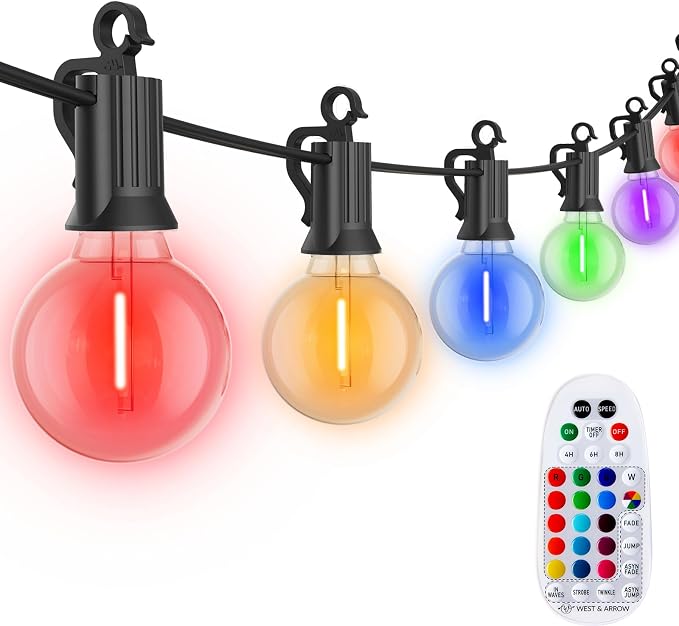 Brightown Outdoor String Lights 29 Feet G40 LED Patio Lights, RGB, Remote | 12 Plastic Edison Bulbs, Timer, Waterproof Connectable Outside Light for Backyard Porch Balcony Party Christmas Decoration