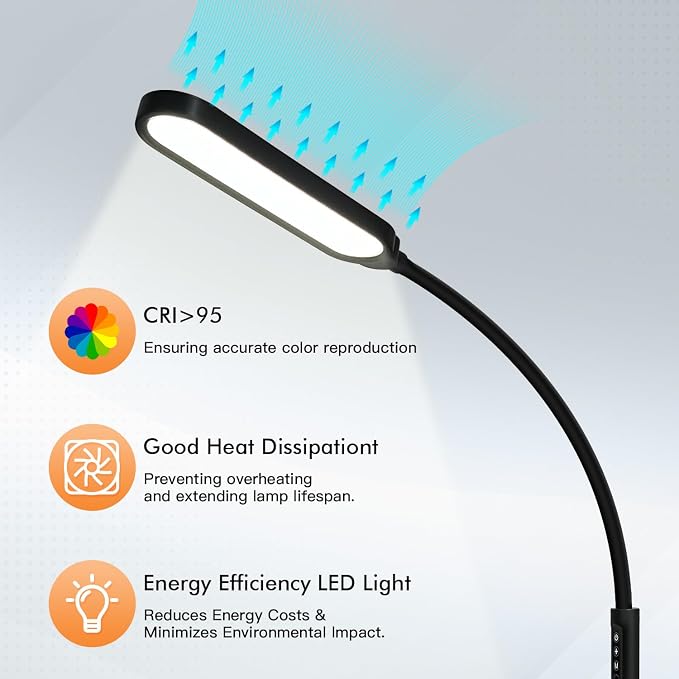 LUJOLUMIN 18W LED Clamp on Lamp with Remote Control and US Adapter | Metal Super Bright 3000LM Task Light, CRI 95, 3 Colors, for Office Desk Reading